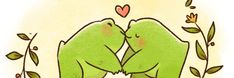 two green birds sitting on top of each other in front of leaves and flowers with the words love written below them