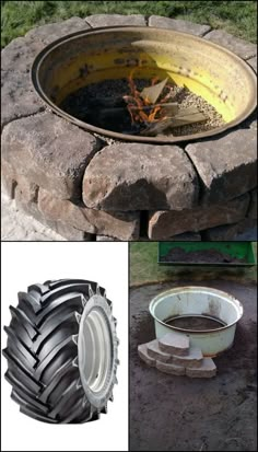 an old tire turned into a fire pit with tires around it and other things to do