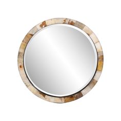 a round mirror with mother of pearl in the middle