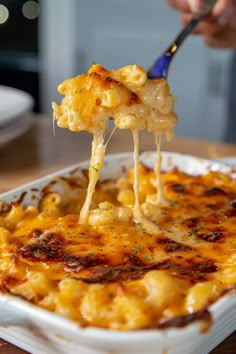 a spoonful of macaroni and cheese being lifted from a casserole dish