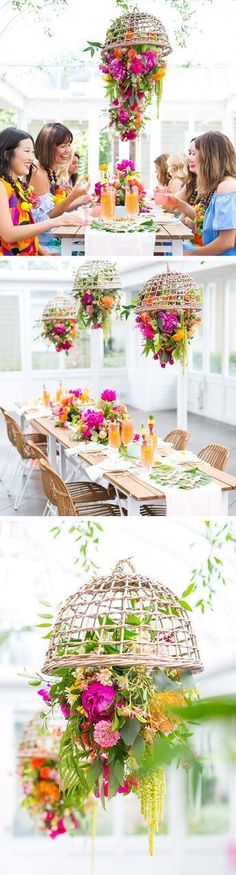 four different shots of people sitting at a table with flowers in the middle and on top