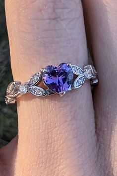 White Gold Violet CZ Heart Shaped Ring, Purple Ring, Engagement Rings, Promise Ring Heart Shaped Engagement Rings, Handmade Wedding Jewellery, Purple Rings, Handmade Engagement Rings, Purple Sapphire, Heart Shaped Rings, White Gold Engagement, Hair Accessories Jewelry, White Gold Engagement Rings