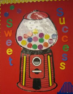 a painting of a gummy machine on a red background with the words sweet success