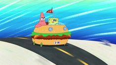 an animated image of a hamburger driving down the road with a flag on it's head