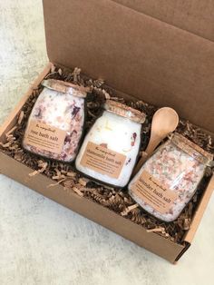 Luxury Bath And Body Packaging, Holistic Crafts To Sell, Handmade Bath Salts, Self Care Diy Gifts, Bath Salt Photography, Bath Salt Container Ideas, Bath Salt Business, Witchy Gifts Ideas, Small Business Ideas For Women Handmade