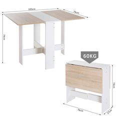 the table is white and has a wooden drawer underneath it, along with measurements for each side