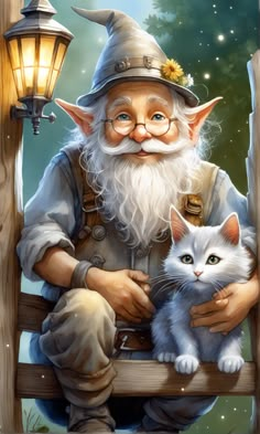 a painting of an old man holding a cat