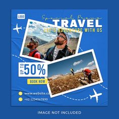 an advertisement for a travel company with two people on the mountain side and one man standing in