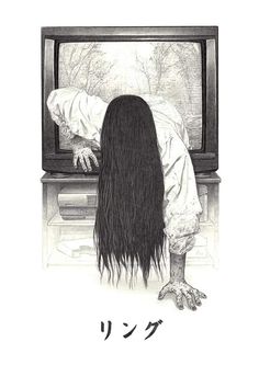 a black and white drawing of a woman with long hair leaning over a tv screen