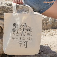 Wildflower Christian Tote Bag Rooted in Him Bible Verse Bag - Etsy Jesus Tote Bag, Bible Tote Bag, Painted Canvas Bags, Tote Bag Christian, Canvas Bag Design, Christian Tote Bags, Bible Bag