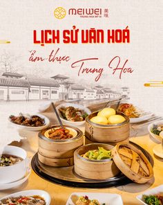 an advertisement for a chinese restaurant called lich su lun hoa in three trays