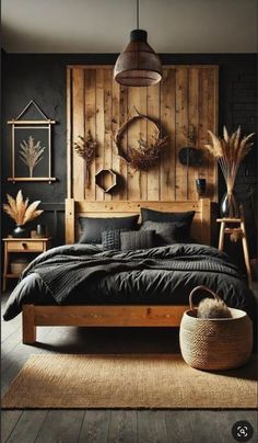 a bed room with a neatly made bed and wooden walls