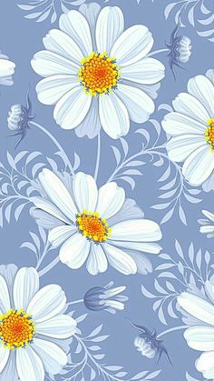 a blue and white flowered background with daisies