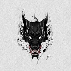 a black and white drawing of a wolf's head with flames coming out of it