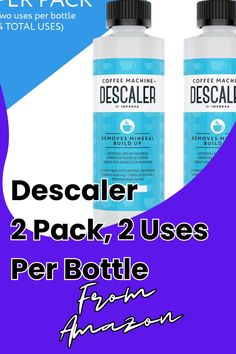 two bottles of descaler 2 pack are shown in front of a purple and blue background