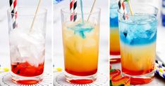 three shots of different colored drinks with straws