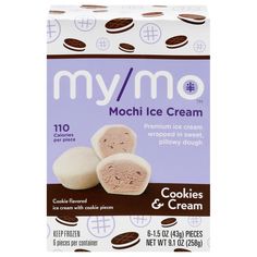 mymo cookies and cream ice cream with chocolate chips on the side, packaging design