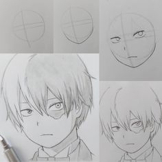 four different types of anime faces drawn in pencil