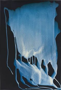 an abstract painting with blue and white paint on black paper, depicting ice formations in the water