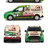 three different vehicle wrap designs for a pet resort