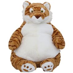 a large stuffed tiger sitting on top of a white floor