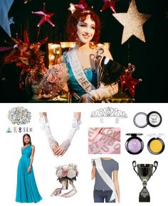 a woman in a blue dress is surrounded by stars and other items, including a tiara