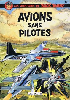 an old book cover with two planes flying in the sky and another plane on the ground