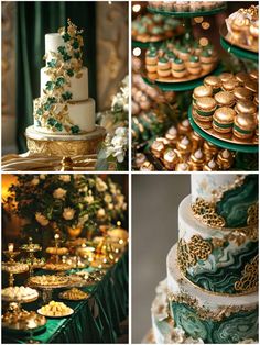 green and gold wedding cakes, cookies, and desserts are featured in this collage