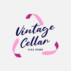 the logo for vintage cella flea store, with pink ribbon around it and an arrow pointing