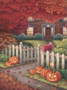 a painting of pumpkins on the ground in front of a house with a mailbox