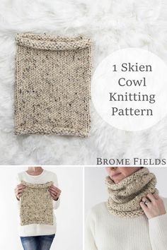 the knitting pattern for this cowl scarf is easy to knit and looks great on someone's body