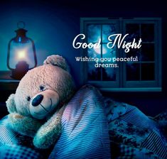 a teddy bear sitting on top of a bed under a blanket with the caption good night wishing new peaceful dreams