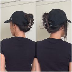 Cap And Hairstyle, Hats And Claw Clips, Hair Clip With Hat On, Baseball Cap Updo Hairstyles, Hairstyles Wearing A Hat Baseball Caps, Ball Cap And Claw Clip, Hair Up With Baseball Hat, Ways To Wear A Hat Baseball Caps, Women’s Hat Hairstyles