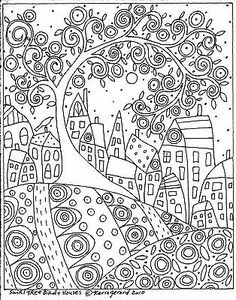 a black and white drawing of a cityscape with swirly trees in the background