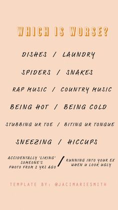 a poster with different types of words and numbers on it's back cover, which reads which is worse? dishes / candy spider / snakes / shakers / rap music / country music / being cold