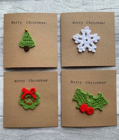 four christmas cards with crocheted ornaments on them