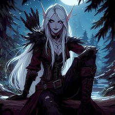 a woman with long white hair sitting on a log in front of the woods at night