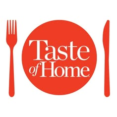 the taste of home logo with a fork, knife and spoon in front of it