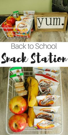 back to school snack station with apples and bananas