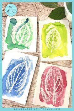 four watercolor leaf paintings on paper with the text, how to paint leaves in watercolor