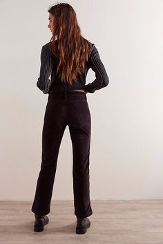 Cool in a kicked flare silhouette, these timeless pants are featured in a brushed, uncut corduroy fabrication for added dimension. **Fit:** High-rise, kick flare silhouette **Features:** Zip fly and button closure, front pouch pockets, uncut corduroy fabric for a velveteen finish, cropped inseam **Why We ❤ It:** Sleek with pointed boots or off-duty with sneakers, this pair has endless ways to wear. | High Time Velvet Kick Flare Pants by Free People in Black, Size: US 12 Kick Flare Pants, Velvet Flare Pants, Pointed Boots, Velvet Flares, Corduroy Fabric, Kick Flares, Free People Pants, Stretch Pants, Trouser Pants