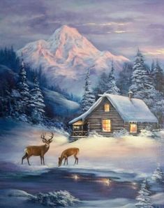 a painting of two deer standing in front of a cabin on a snowy day with the lights on