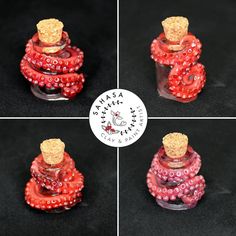 four pictures of red and pink octopus bottles with corks in them on black background