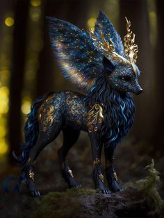 a blue and gold figurine in the woods