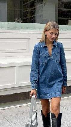 Sezane Denim Dress, Jan 2024 Outfits, Call Winery Outfit, Cozy Fall Outfits 2023, Pnw Outfit Summer, Denim Dress Cowboy Boots, 30 Year Old Outfits, Maximalist Fall Outfits, Jean Shirt Outfits For Women