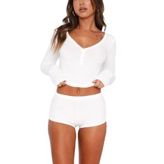 PRICES MAY VARY. Material: 2 Piece pajama set is made of stretchy, ultra soft, skinny, breathable and lightweight ribbed knit fabric for women sleepwear, lounge wear. Basic women’s 2 piece loungewear outfit set include a ribbed knit long sleeve crop top and a slim fit mini short pants. Featuring long sleeve, v button up closure, tight slim fit, elastic high waist mini shorts. Design: The cami pajamas sets includes cami top an elastic waisted ruch bodycon shorts, the elastic waistband will make i Slim Fit Crop Top, Y2k Long Sleeve, Set Outfits, Crop Top Casual, Cute Pajamas, Matching Pajamas, Casual Stylish, White Fox, Pajamas Women