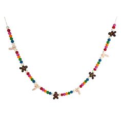 a multicolored beaded necklace with flowers and beads on the end of it