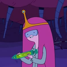 a cartoon character holding a measuring tape and wearing a pink dress with a yellow crown