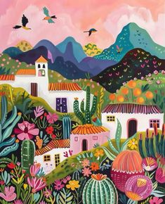 a painting of houses and cactus trees with birds flying over them in the sky above