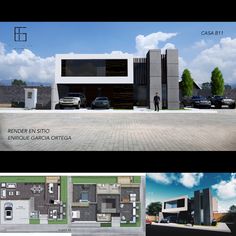 three different views of the same building with cars parked in front and behind it,